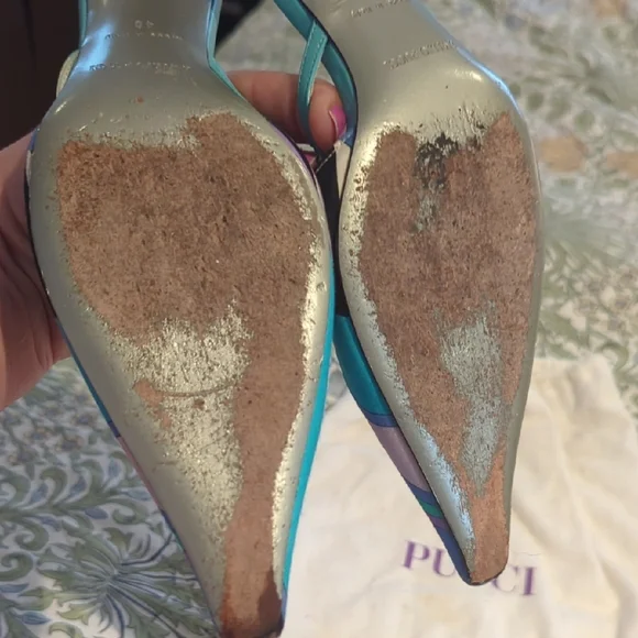 Emilio Pucci Silk Blue and Green Patterned Mules - Picture 6 of 10